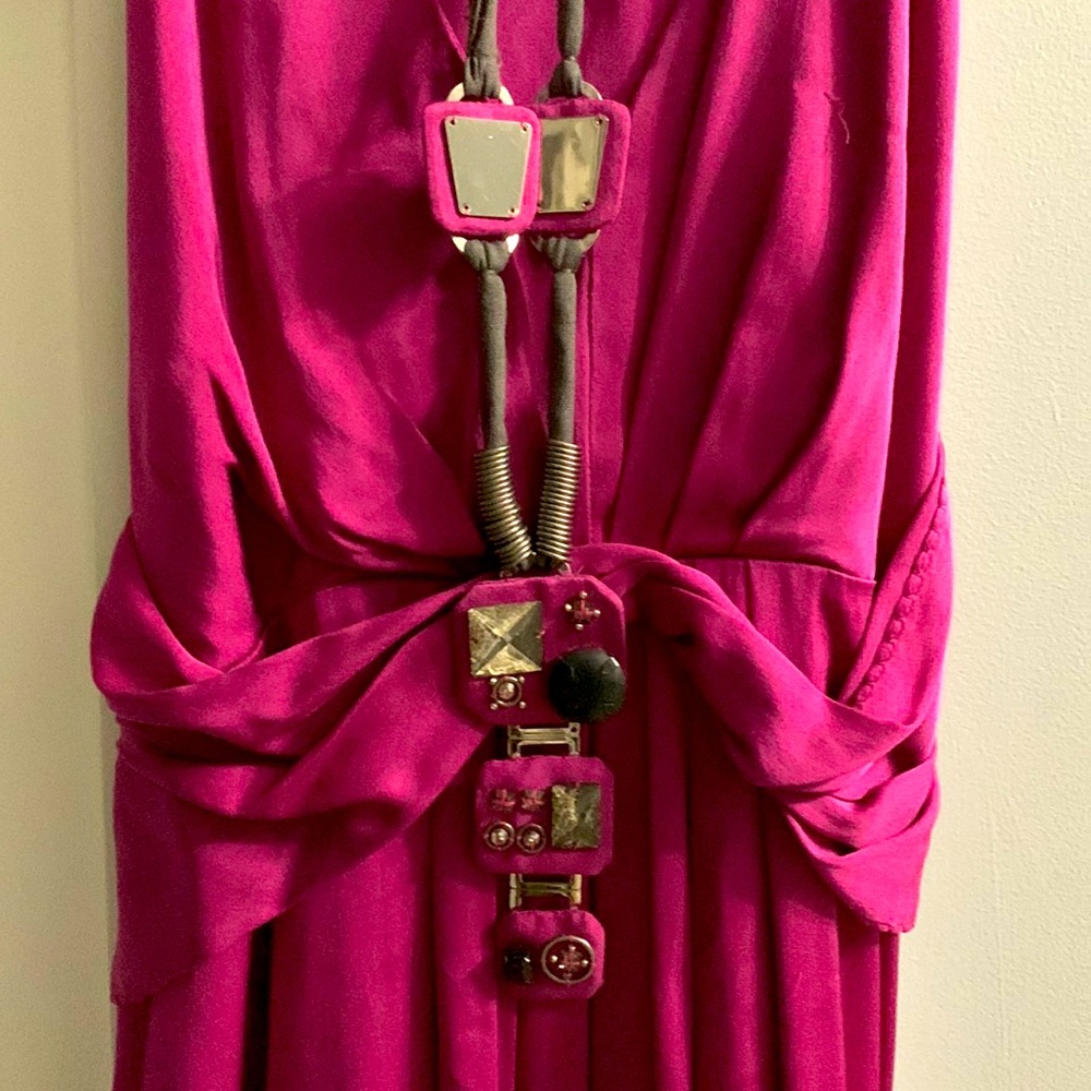 Silk Gorgeous Fuchsia Sleeveless dress with matching necklace .